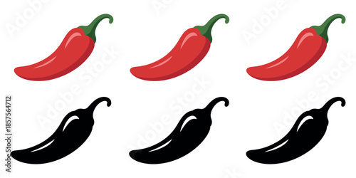 Chili Pepper Icons in Red and Black Silhouette Vector Illustration