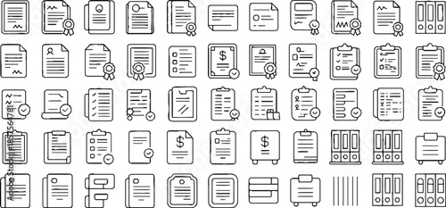 Document line icon set. Documents symbol collection. Documents linear icon collection. Containing contract papers, folder, certificate, accept, approved, clipboard, invoice, archive and more.