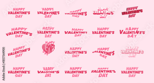 Happy Valentines Day Typography Lettering Set. Modern romantic greeting phrase with heart shapes, bold display fonts, wavy, glitch, outline and 3D styles for cards, posters. Vector