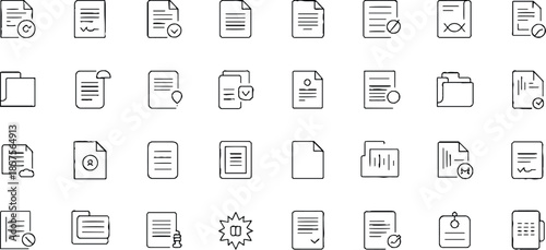 Document line icon set. Documents symbol collection. Documents linear icon collection. Containing contract papers, folder, certificate, accept, approved, clipboard, invoice, archive and more.