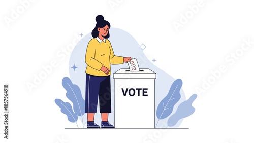 A woman participating in an election by placing her completed ballot paper into a white ballot box with the word "VOTE".