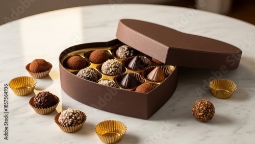 A box of heart-shaped chocolates on a marble surface – a romantic gift for Valentine's Day or a holiday. AI generated.