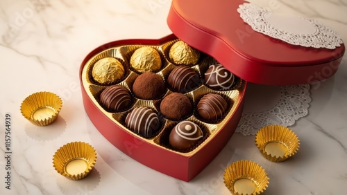 A box of heart-shaped chocolates on a marble surface – a romantic gift for Valentine's Day or a holiday. AI generated.