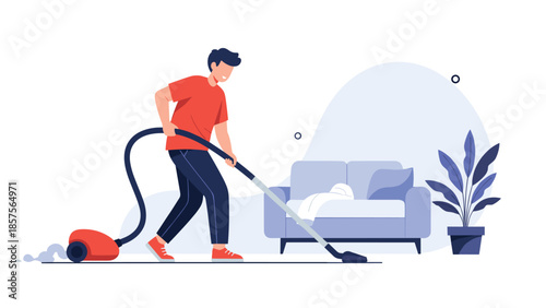 A young man doing household chores, using a red vacuum cleaner to clean the carpet in a modern living room setting.