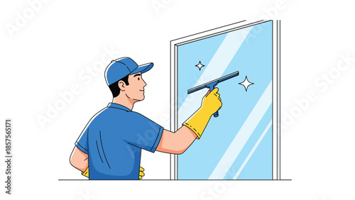 A professional male cleaner in a uniform and cap using a squeegee to wipe a large, sparkling clean glass window.