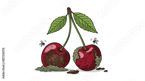 A cartoon illustration of two rotting red cherries with mold, decay, and flies buzzing around them on a white background.