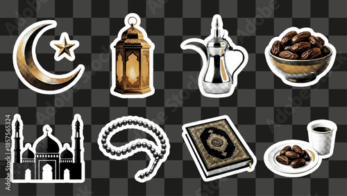 Halftone sticker set of Islamic religious objects and symbols, retro dot texture design featuring crescent moon, lantern, mosque, and dates, Traditional Arabic Ramadan and Eid al-Fitr culture elements