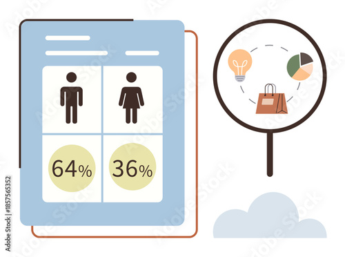 Gender-based statistics with 64 male and 36 female, magnifying consumer insights including shopping, idea generation, and data visualization. Ideal for demographics, marketing, research, analytics