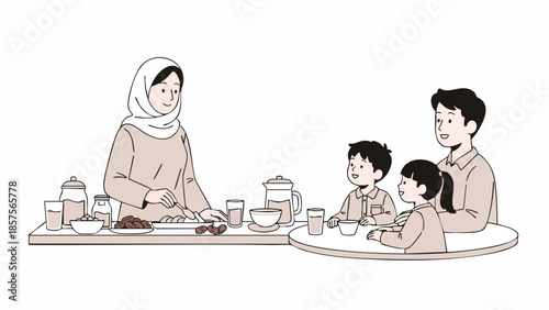 A Muslim family of four having a meal together with traditional dishes and drinks on a table with a minimalist flat illustration style and a warm color palette against a clean white