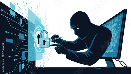 A conceptual illustration of a cyber criminal or hacker in a hoodie breaking a digital lock to steal data from a computer.