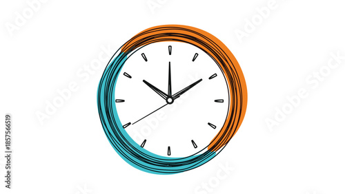 A hand-drawn, sketchy illustration of a simple analog clock face with orange and blue scribbles around the border.