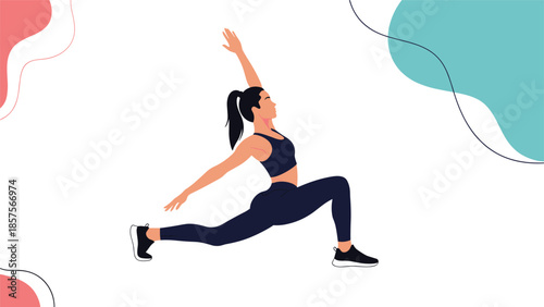 A fit woman with a ponytail, dressed in athletic wear, performing a crescent lunge yoga pose for stretching and fitness.