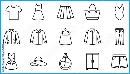 Set of 15 black line icons for clothing and fashion accessories, ideal for vector illustration content