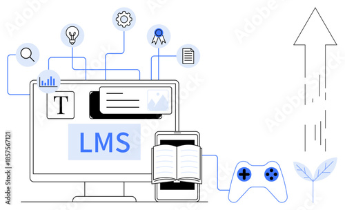 Online learning, virtual education, digital tools, e-learning platforms, gamification, content creation. Diagram features LMS text on screen, open book icons growth arrow. Online learning