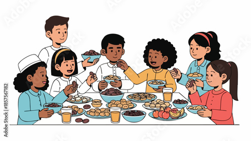 Diverse group of children and an adult enjoying a meal together with various foods on a table against a clean white background.