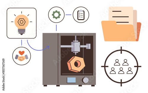 3D printer creating an object, light bulb for idea, handshake for collaboration, gear for process, file folder for documentation, target for audience focus. Ideal for innovation, teamwork, process