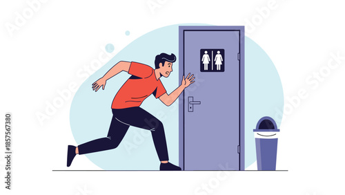 An anxious man with an urgent need to use the restroom, running desperately towards a public toilet door.