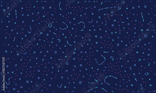 Abstract dark blue vector background with scattered yellow and purple pixels resembling digital confetti or glitch noise. Festive retro gaming texture for creative web design or holiday party poster.