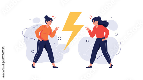 Two angry women pointing fingers and yelling at each other, separated by a large yellow lightning bolt representing conflict.