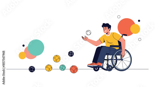A happy young man in a wheelchair playing boccia, a precision ball sport for athletes with disabilities.