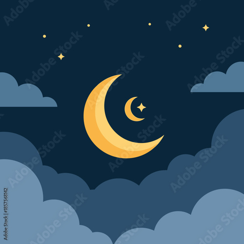 A beautiful Ramadhan night sky with a crescent moon, stars, and clouds, perfect for greeting cards and social media posts