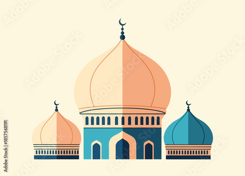 Stylized flat design illustration of a majestic mosque with multiple domes and minarets, symbolizing peace, devotion, and cultural celebration during the holy month of ramadhan
