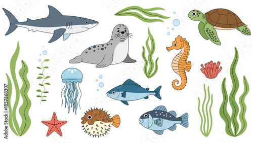 A charming collection of various sea creatures and marine plants, including a shark, seal, turtle, jellyfish, and various fish.