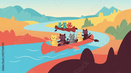 Cats in Canoes on a River Adventure.