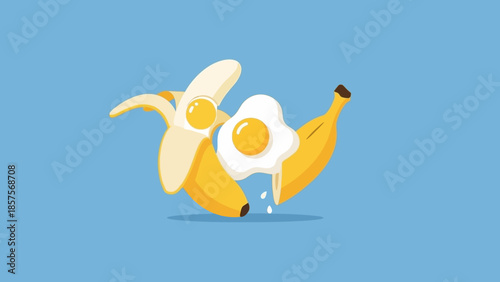 Creative illustration of bananas with fried eggs on them.