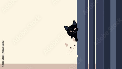 Curious black cat peeking from behind a blue curtain with bright yellow eyes, minimalist illustration.