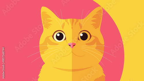 Cute orange cat with big eyes on a vibrant pink and yellow background looking directly at the viewer.