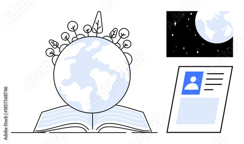 Sustainability concept. Sustainability ed by Earth with plants, learning through an open book, and a digital identity card theme. For environment, education, technology, identity, and global