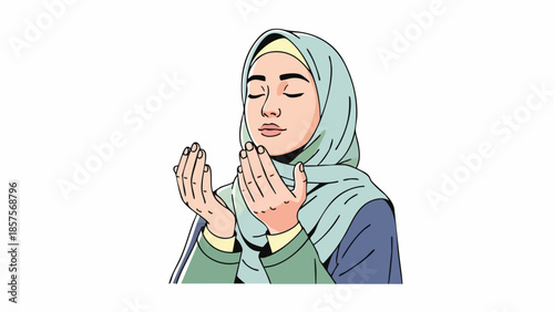 Illustration of a woman wearing a hijab with her hands raised in a gesture of prayer or supplication against a plain white background.