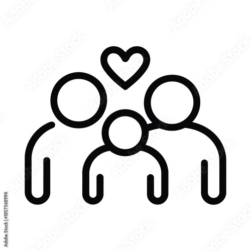 A minimalist vector icon in black line art illustrating a family bond. Three figures two adults flanking a child are depicted with smooth, rounded outlines.