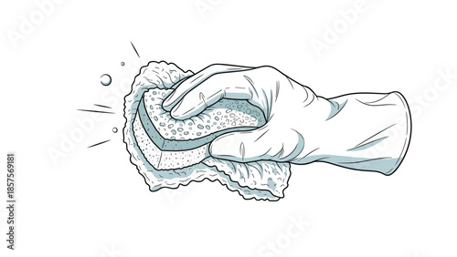 A black and white vintage-style drawing of a hand in a rubber glove squeezing a wet sponge, with water drops splashing.