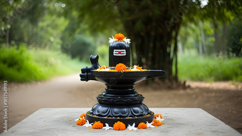 Hindu shivalinga with offerings in a serene outdoor setting