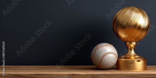 A sleek golden baseball trophy displayed on a wooden surface, symbolizing sports achievement, victory, and championship success highlights athletic recognition, excellence, and competition triumph.