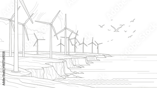 Coloring page illustration depicting numerous wind turbines generating clean energy along a dramatic coastal cliff overlooking the vast ocean with flying seagulls.