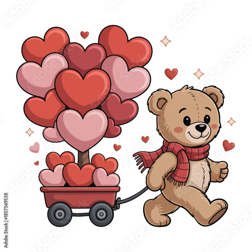 Design a Valentine-themed image. So that a cute cartoon teddy bear walks happily pulling a small wagon overflowing with stacked heart shapes in shades of red and pink, a heart-tree silhouette.