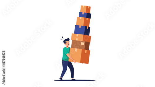 A stressed man struggling to balance and carry a very tall, unstable stack of cardboard boxes, illustrating a heavy workload.