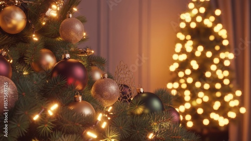 Decorated Christmas tree with warm lights