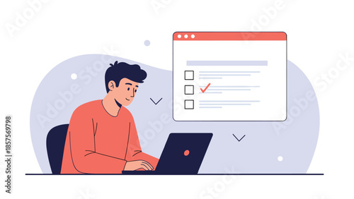 A young man sitting at his laptop and filling out an online survey or checklist on a floating digital screen.