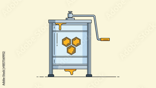 A line art illustration of a manual honey extractor, a piece of beekeeping equipment used for harvesting honey from honeycombs.