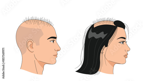 A medical illustration showing hair transplantation stages for a man and a woman, with before and after views of hair regrowth.