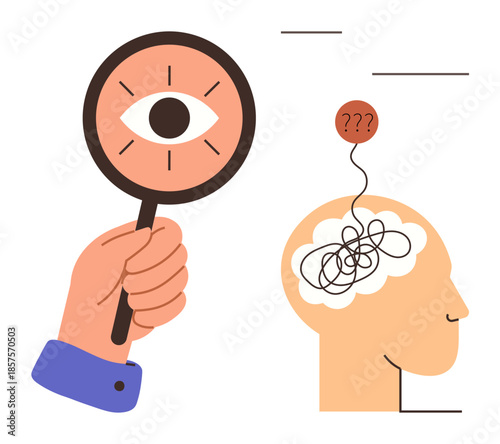 Hand with magnifying glass focusing on an eye next to a head with tangled lines and question marks. Ideal for problem-solving, insight, thought process, exploration, analysis, psychology, research