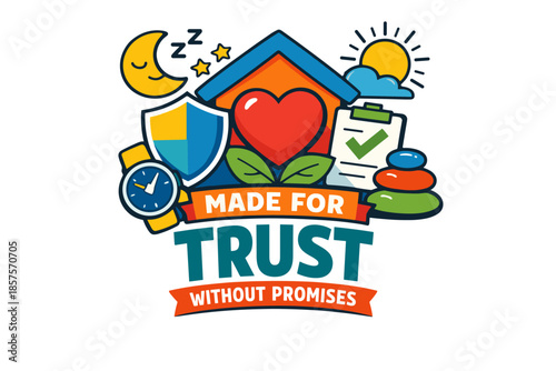 Home protection and trust concept: heart, shield, clock, and nature elements
