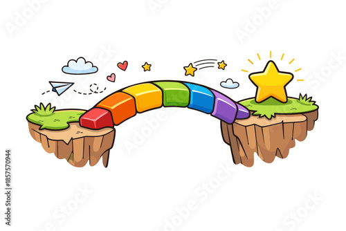 Colorful rainbow bridge connecting floating islands with star and clouds
