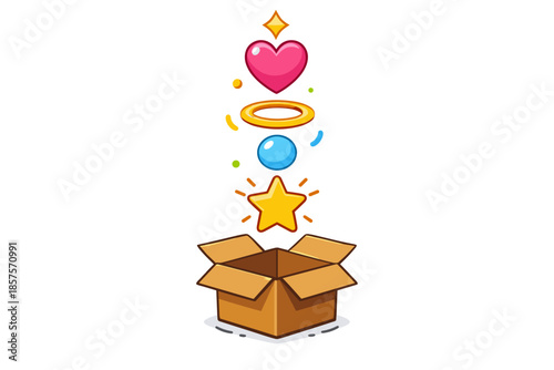 Colorful symbols emanate from open cardboard box on white background