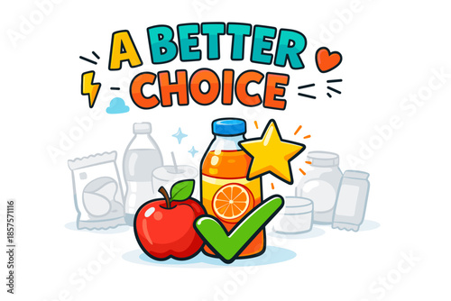Healthy beverage and snack choice with fruit and nutritional icons