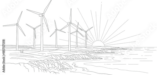 Coastal wind farm illustration featuring multiple large turbines standing tall along a rocky shoreline during a bright sunrise or sunset moment.